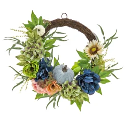 Best National Tree Company 22 in. Fall Wreath with Mixed Leaves, Hydrangea, Peony and Pumpkin