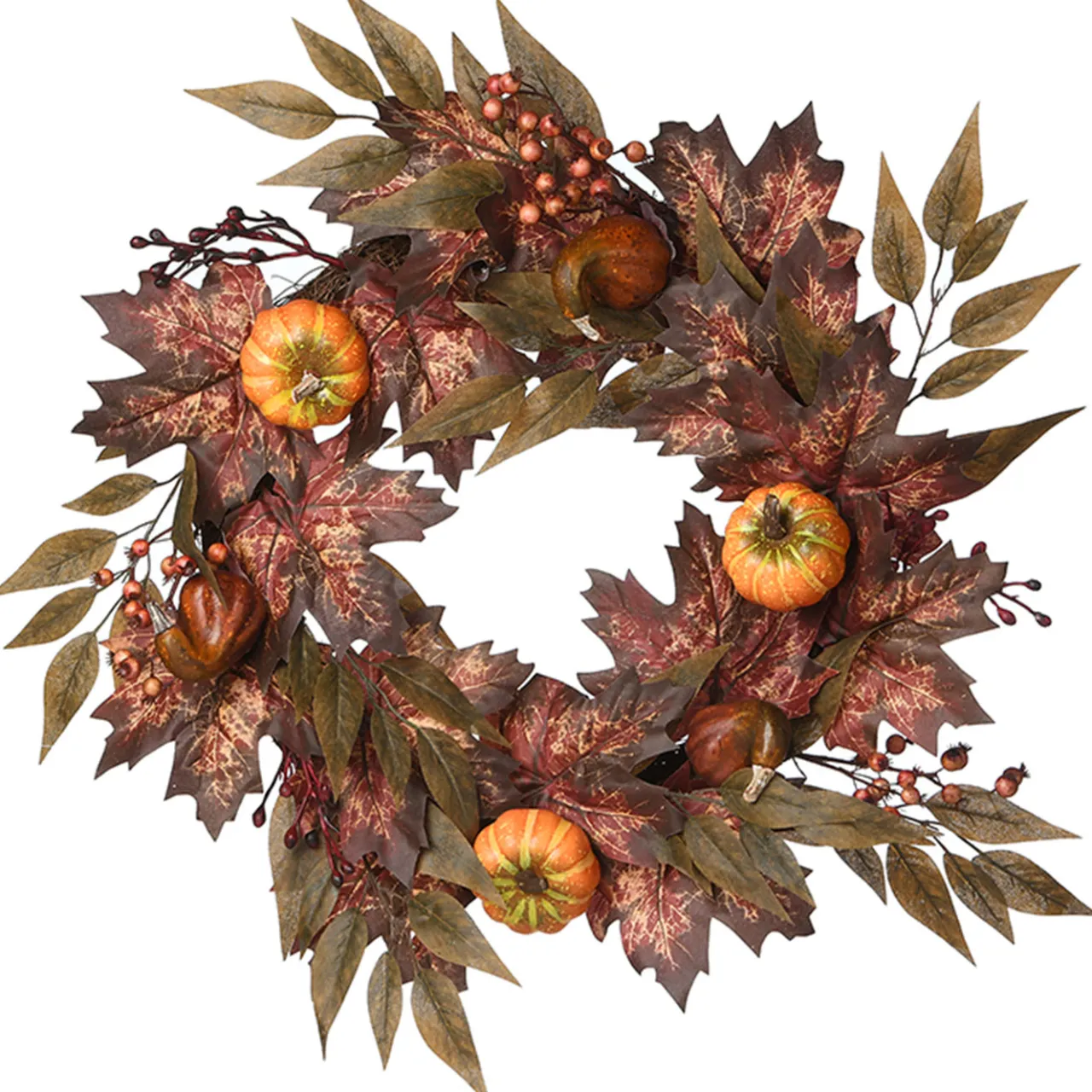 Best National Tree Company 24 in. Fall Wreath with Pumpkins, Berry Clusters, Ivy, Maple Leaves