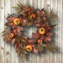 Best National Tree Company 24 in. Fall Wreath with Pumpkins, Berry Clusters, Ivy, Maple Leaves