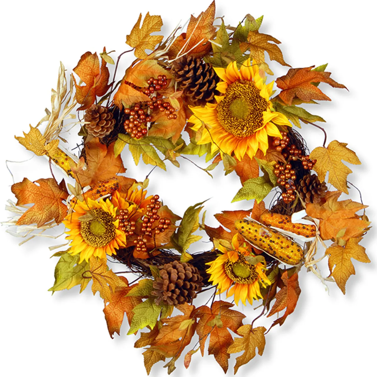 Clearance National Tree Company 24 in. Fall Wreath with Sunflowers, Pinecones, Berry Clusters, Corncobs, Maple Leaves