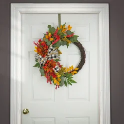 Online National Tree Company 24 in. Fall Wreath with Twig, Dahlia, Eucalyptus and Bow