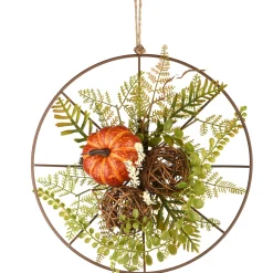 National Tree Company 13 in. Flower Circle Hanging Fall Decoration with Fern Fronds, Leaves, Pumpkins, Twig Cones