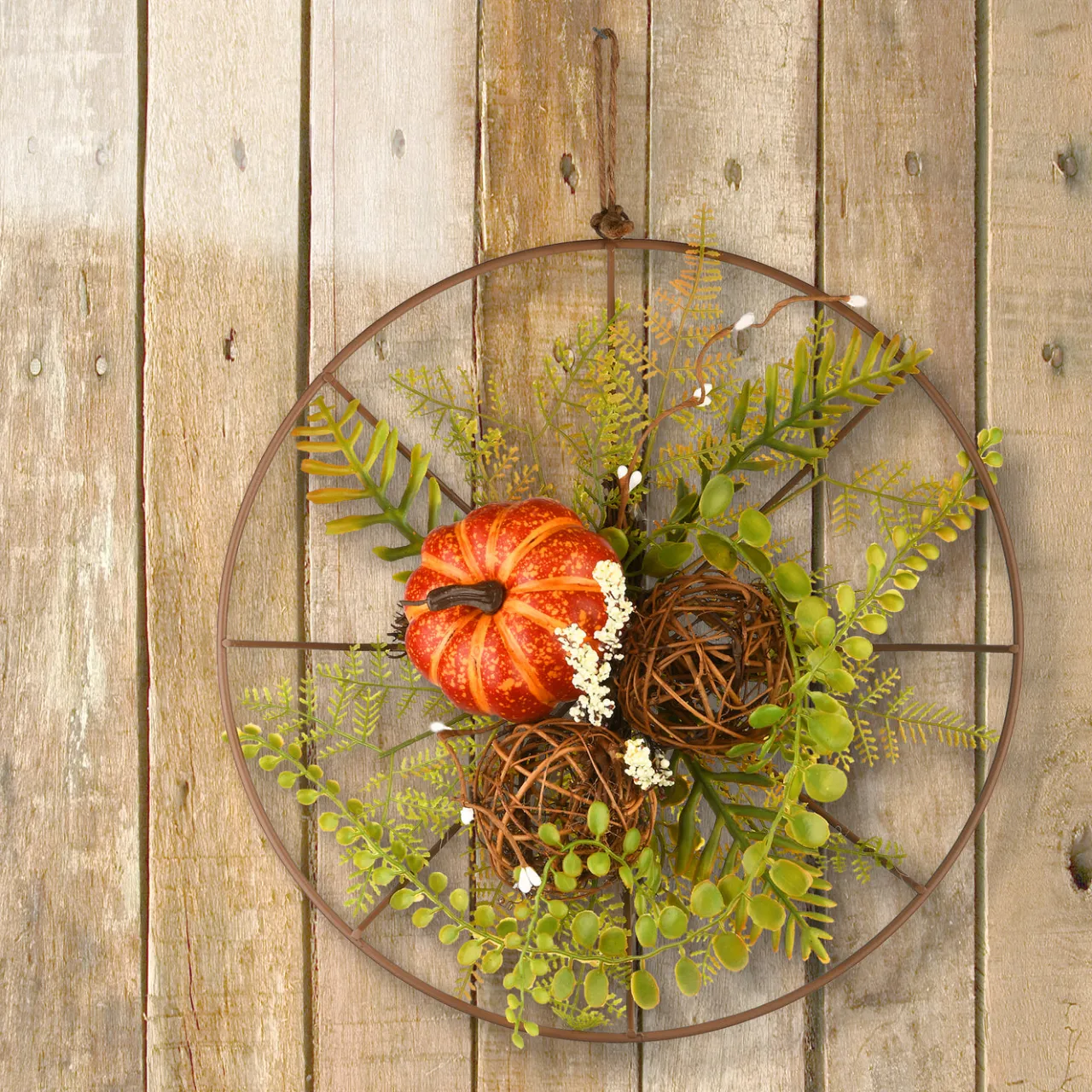 National Tree Company 13 in. Flower Circle Hanging Fall Decoration with Fern Fronds, Leaves, Pumpkins, Twig Cones