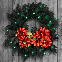 Discount National Tree Company 24 in. Halloween Boo-tiful Wreath with Orange Florals and White Skull, LED Lights