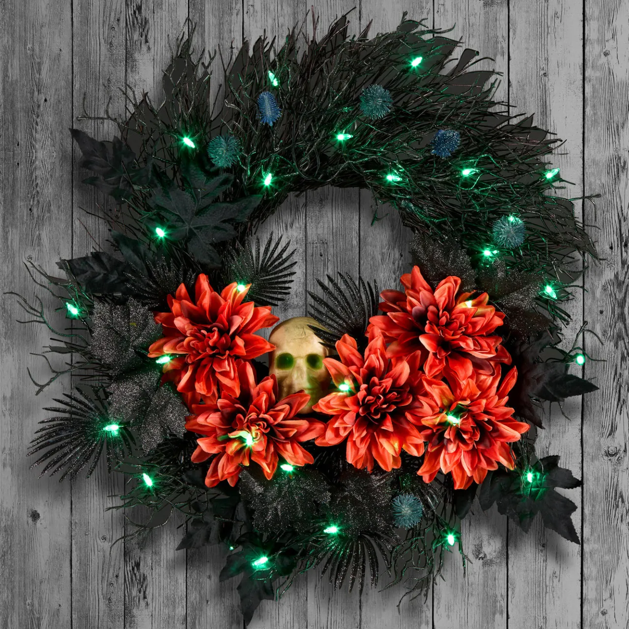 Discount National Tree Company 24 in. Halloween Boo-tiful Wreath with Orange Florals and White Skull, LED Lights