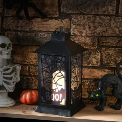 New National Tree Company 16 in. Halloween Carved Images of Bats and Cobwebs Lantern with LED Lights