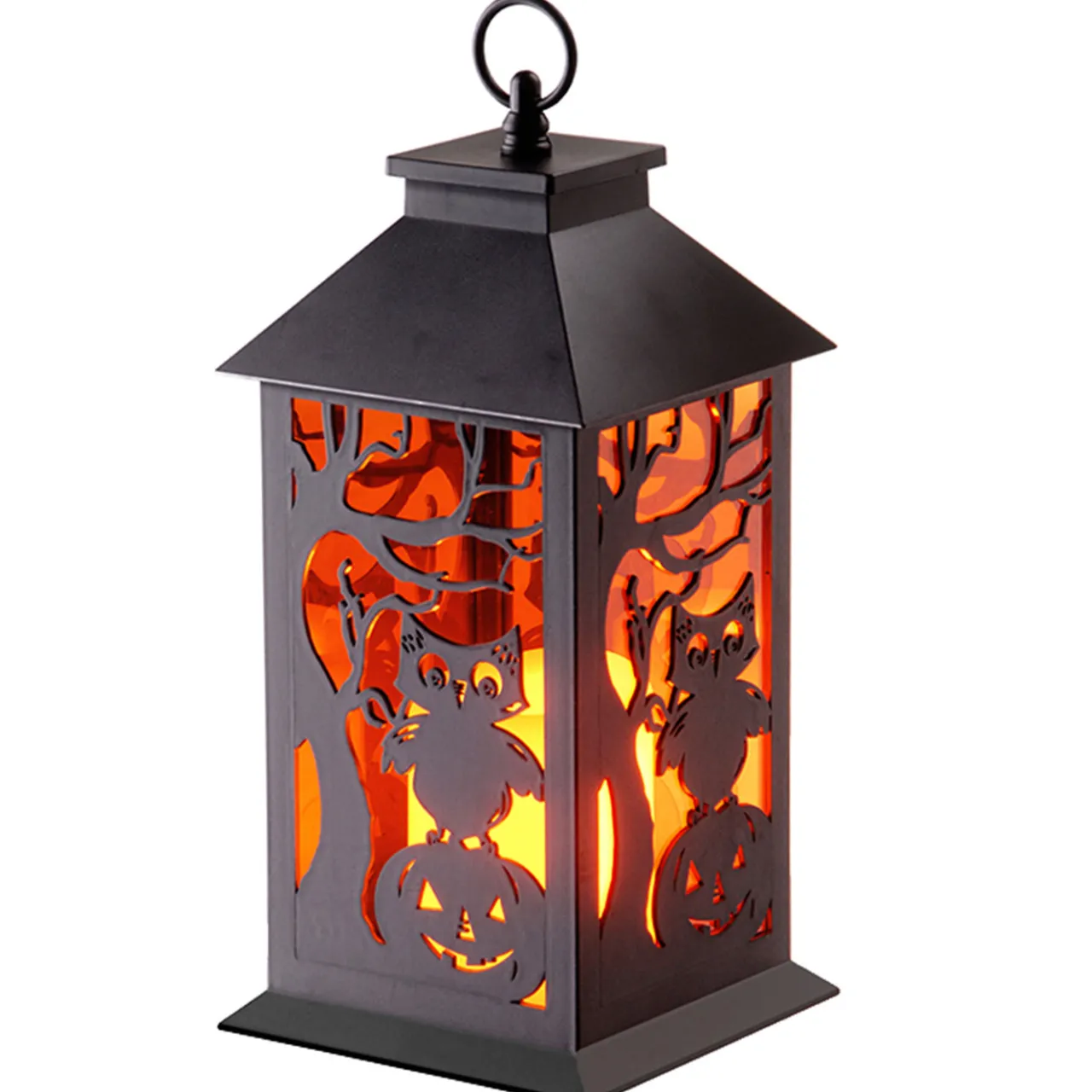 Best National Tree Company 12 in. Halloween Carved Images of Owls Pumpkins Leafless Trees Lantern with LED Lights