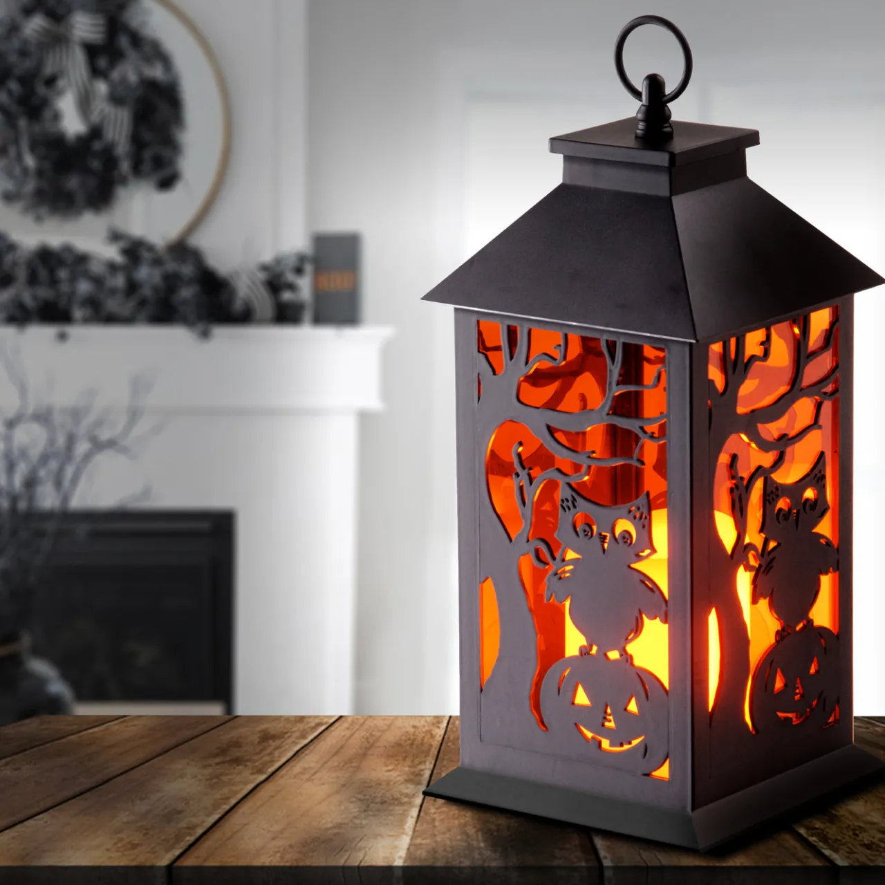 Best National Tree Company 12 in. Halloween Carved Images of Owls Pumpkins Leafless Trees Lantern with LED Lights