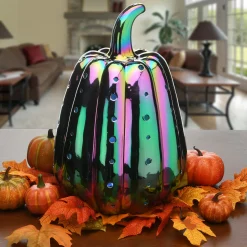 Discount National Tree Company 14 in. Halloween Ceramic Iridescent Purple Pumpkin with Multi Color Lights