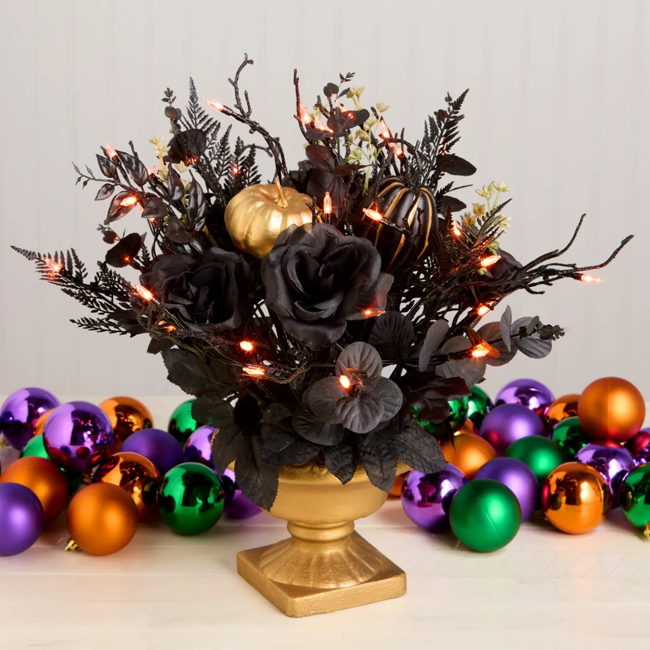 Clearance National Tree Company 16 in. Halloween Chic Eek Black and Gold Centerpiece with LED Lights