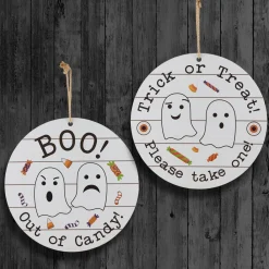 Discount National Tree Company 12 in. Halloween Hanging Double Sided Sign, White, Trick or Treat, Out of Candy