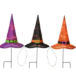 Hot National Tree Company 23 in. Halloween Orange,Black and Purple Witchs Hat Garden Stakes with LED Lights