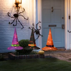 Hot National Tree Company 23 in. Halloween Orange,Black and Purple Witchs Hat Garden Stakes with LED Lights