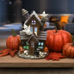 New National Tree Company 6 in. Halloween Pre-Lit Black Haunted House Decoration with LED Lights