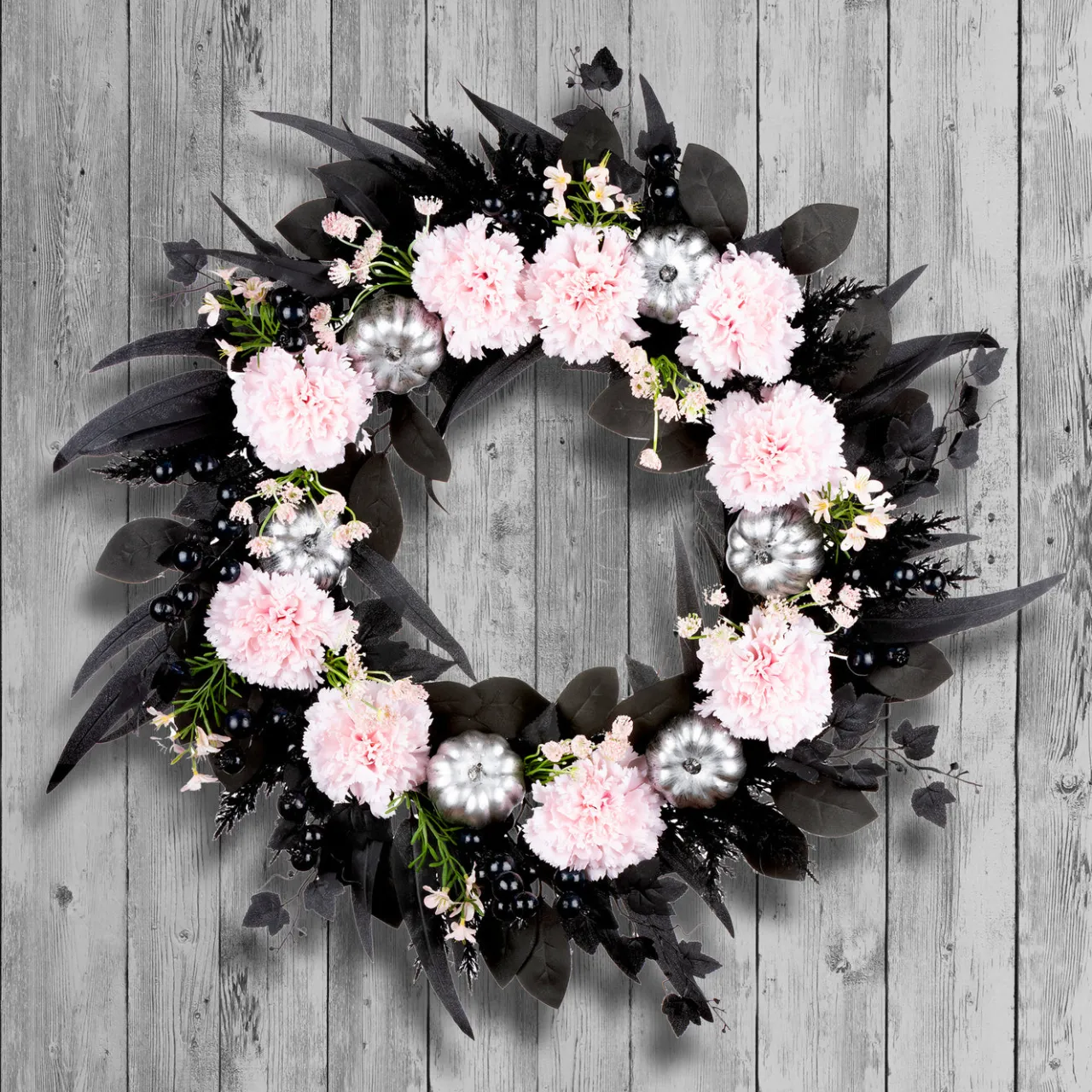 Best National Tree Company 26 in. Halloween Pretty Morbid Pink Carnation Wreath with Silver Pumpkins