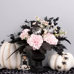 Clearance National Tree Company 17 in. Halloween Pretty Morbid Pink Carnation Centerpiece with Black Pedestal Urn, Velvet Pumpkins
