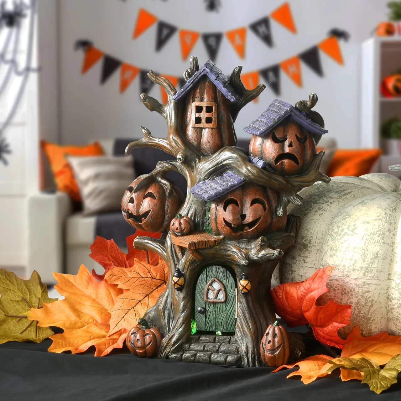 Discount National Tree Company 12 in. Halloween Pumpkin Tree House with Multi Color LED Lights