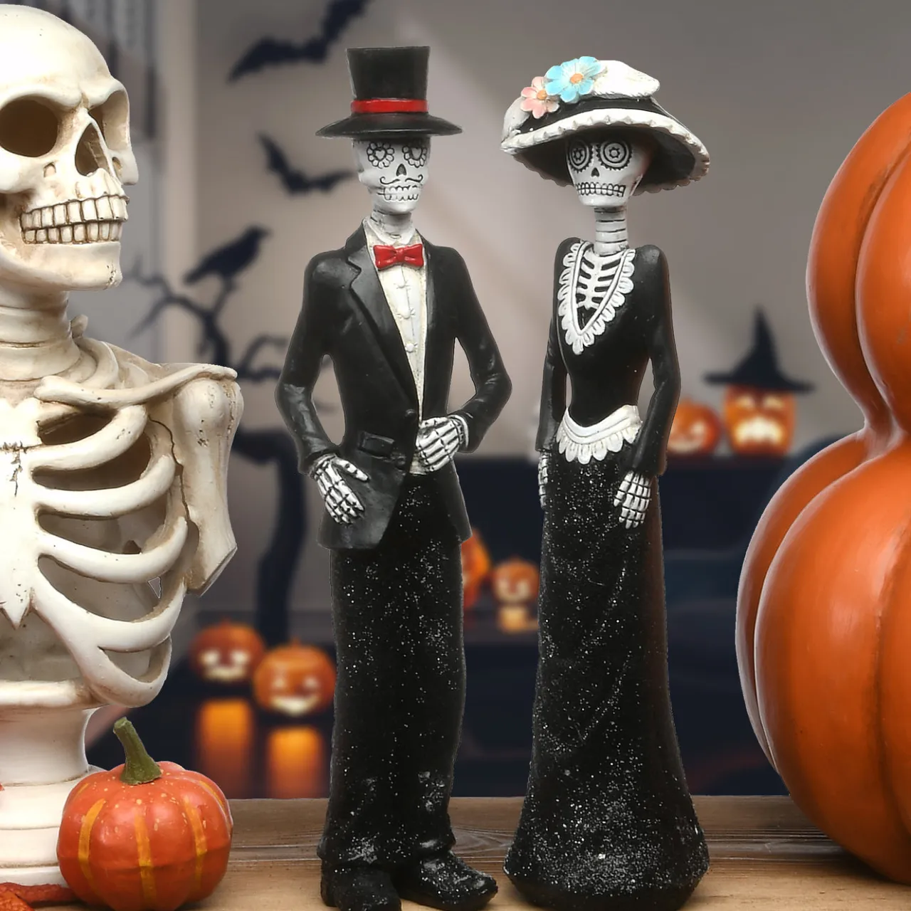 Sale National Tree Company 13 in. Halloween Skeleton Couple in Formal Attire Decoration