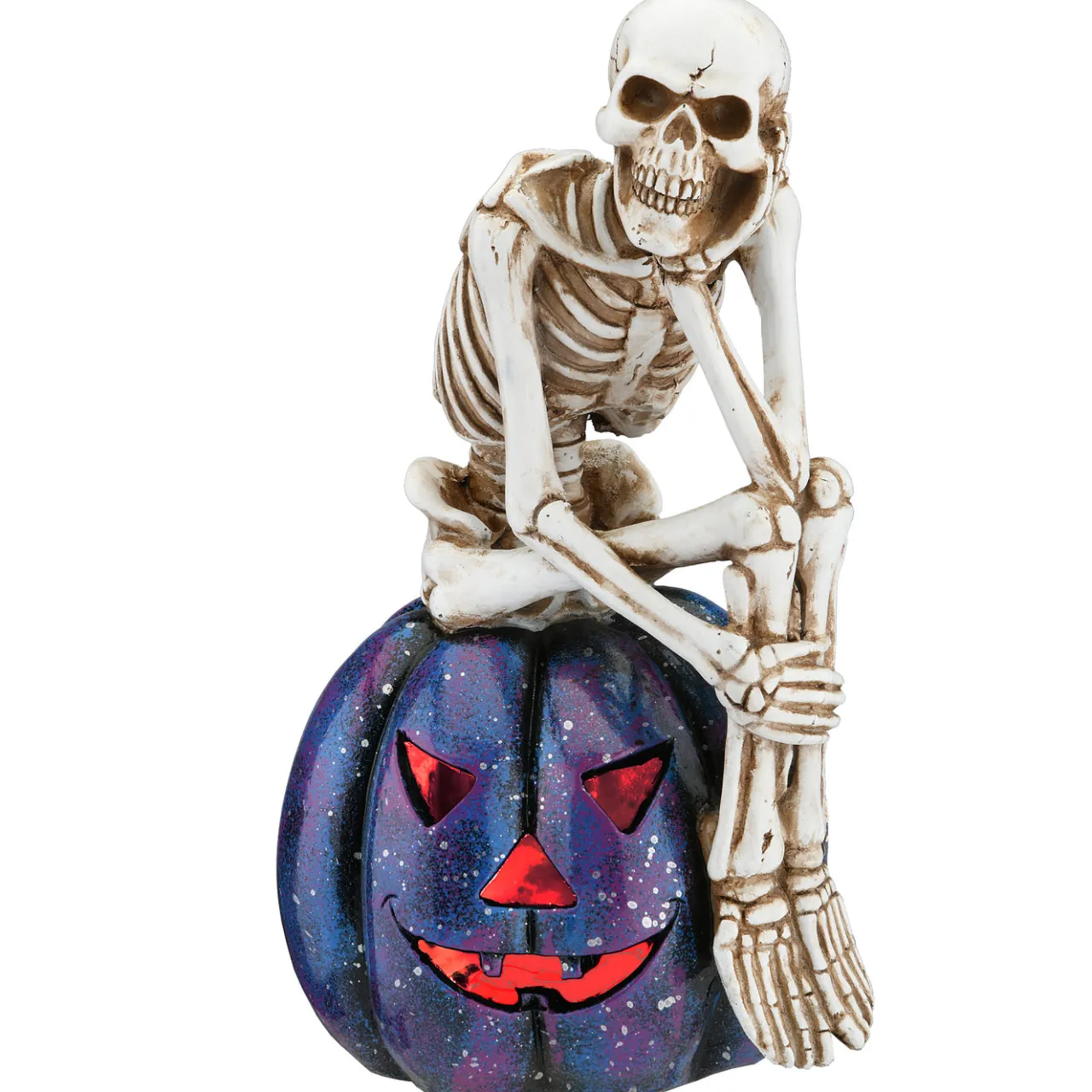 New National Tree Company 11 in. Halloween Skeleton Resting on a Purple Galaxy Jack O Lantern