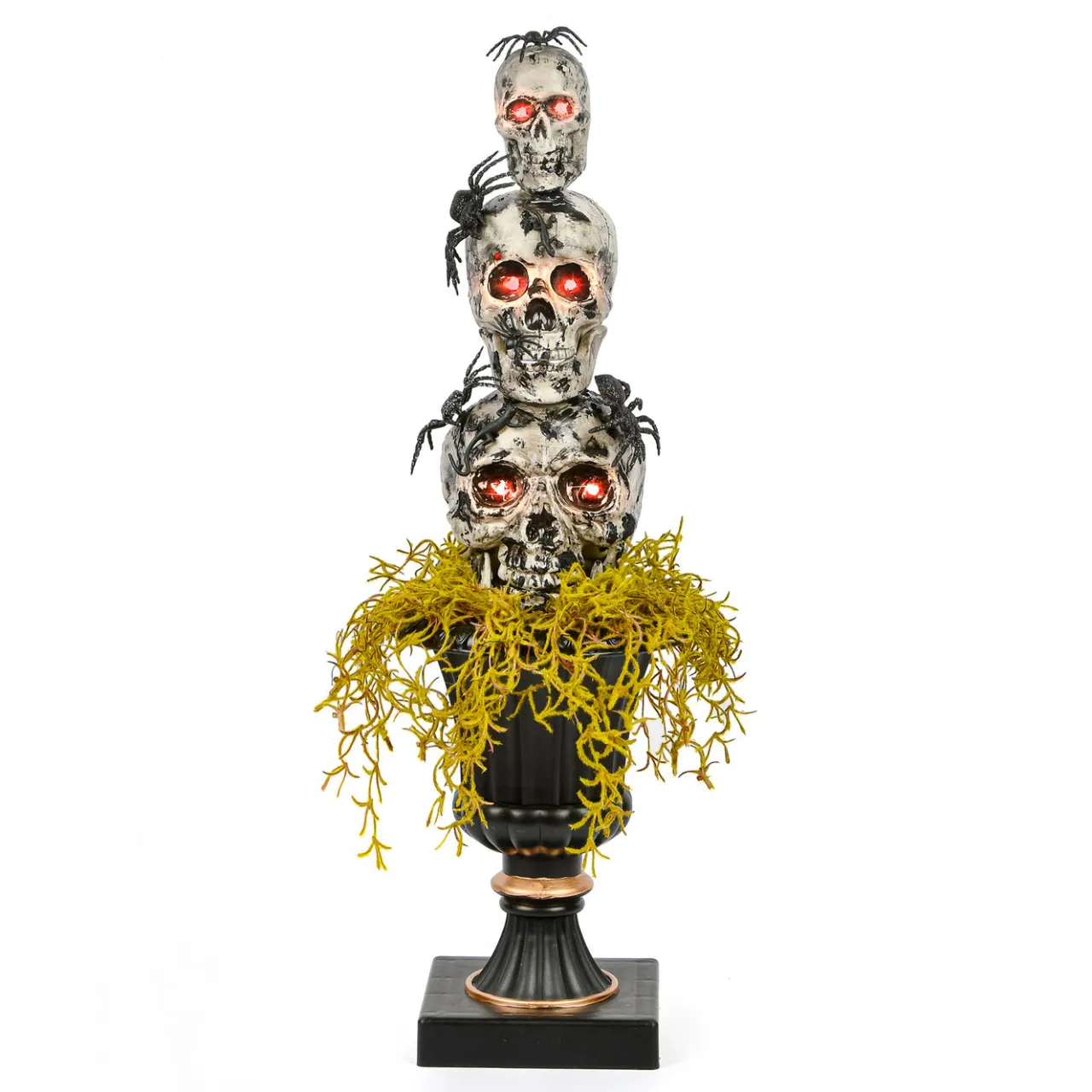 Hot National Tree Company 32 in. Halloween Skull Tower with Spiders Tabletop Decoration in a Black Urn