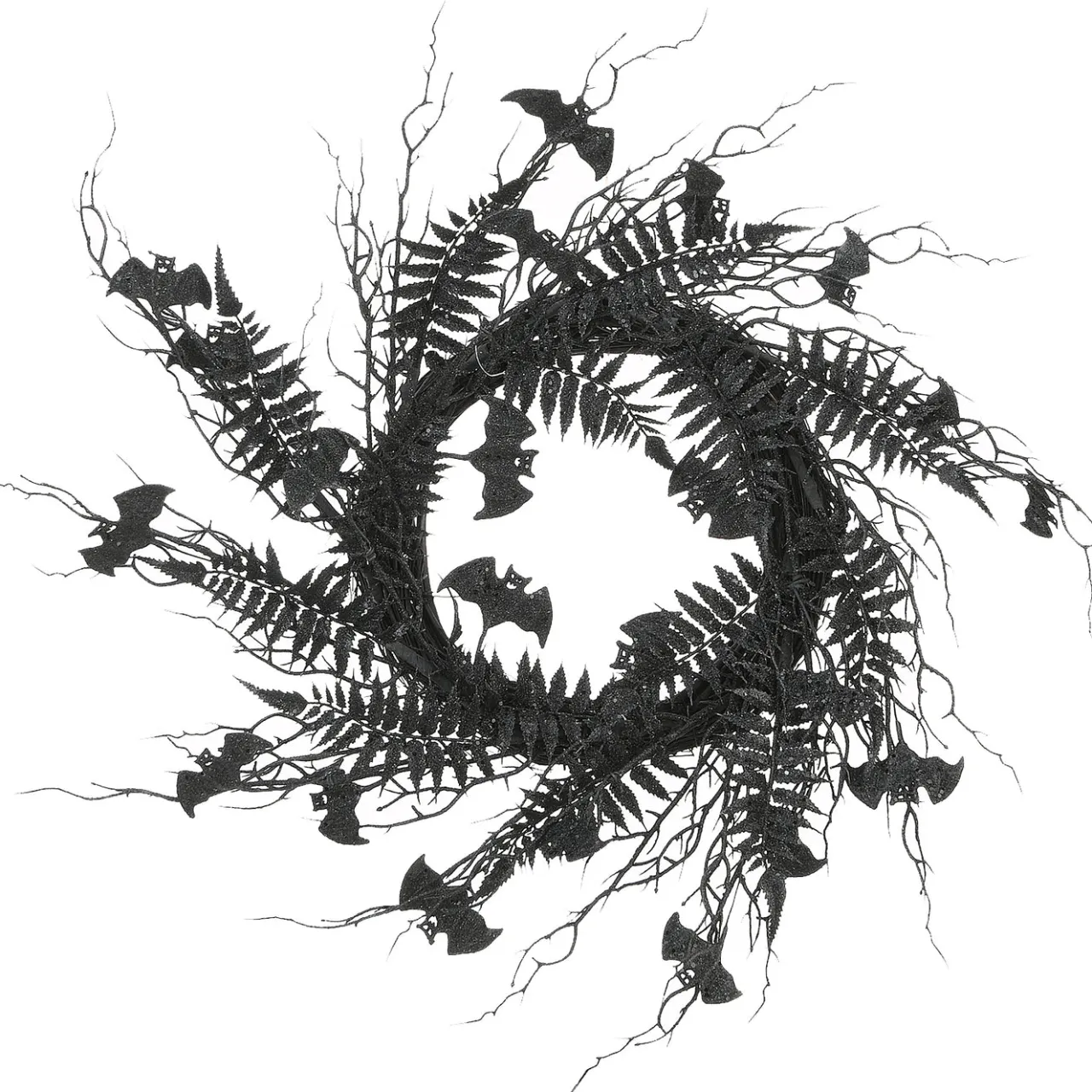 National Tree Company 24 in. Halloween Spooky Wreath with Bats, Fern Leaves, Branches