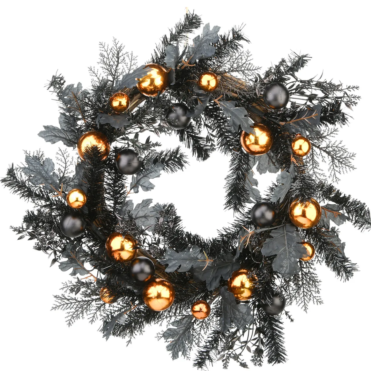 National Tree Company 24 in. Halloween Spooky Wreath with Black and Orange Ball Ornaments, Leaves