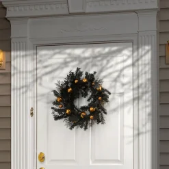 National Tree Company 24 in. Halloween Spooky Wreath with Black and Orange Ball Ornaments, Leaves