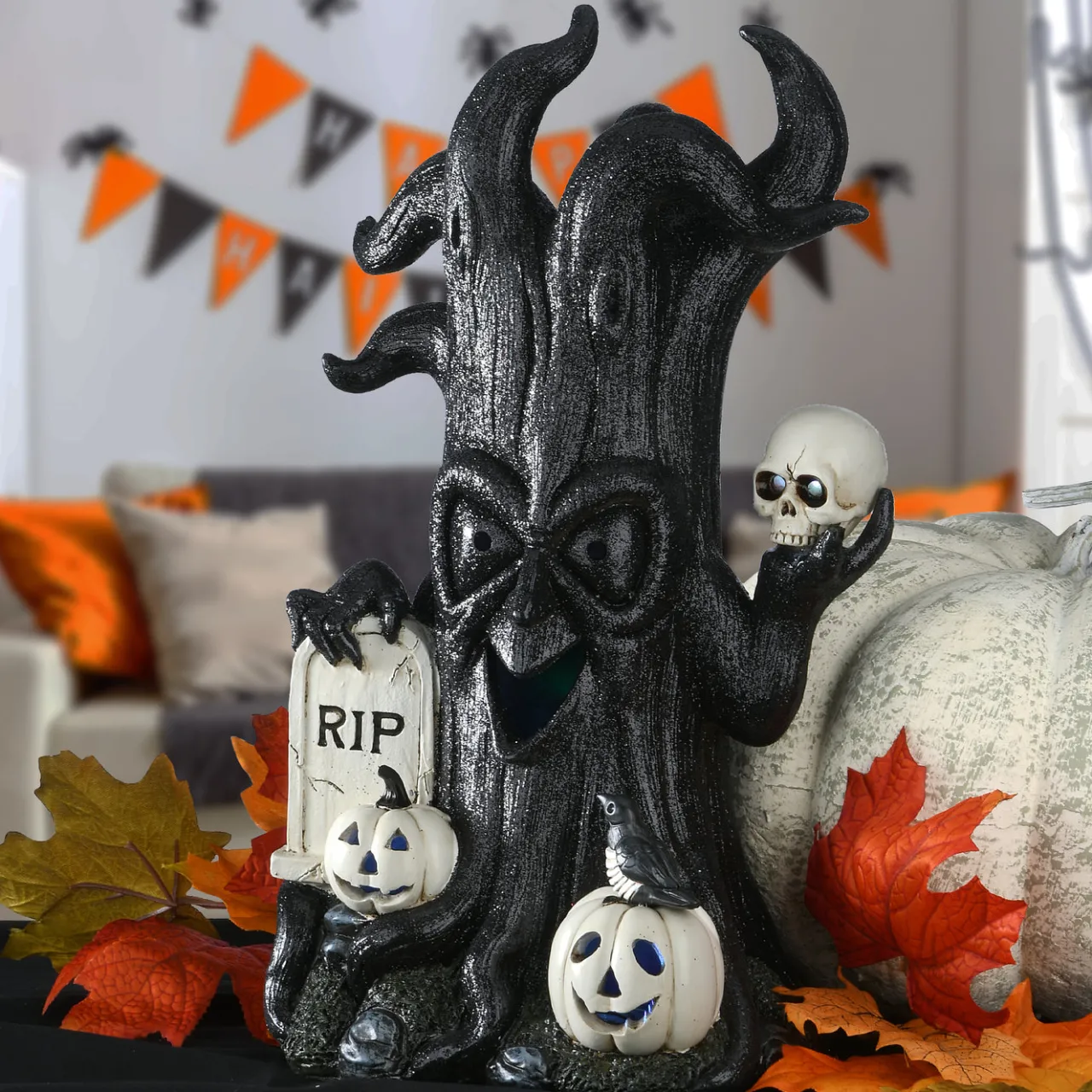 Best National Tree Company 15 in. Halloween Tree Holding Skull and RIP Tombstone with LED Lights