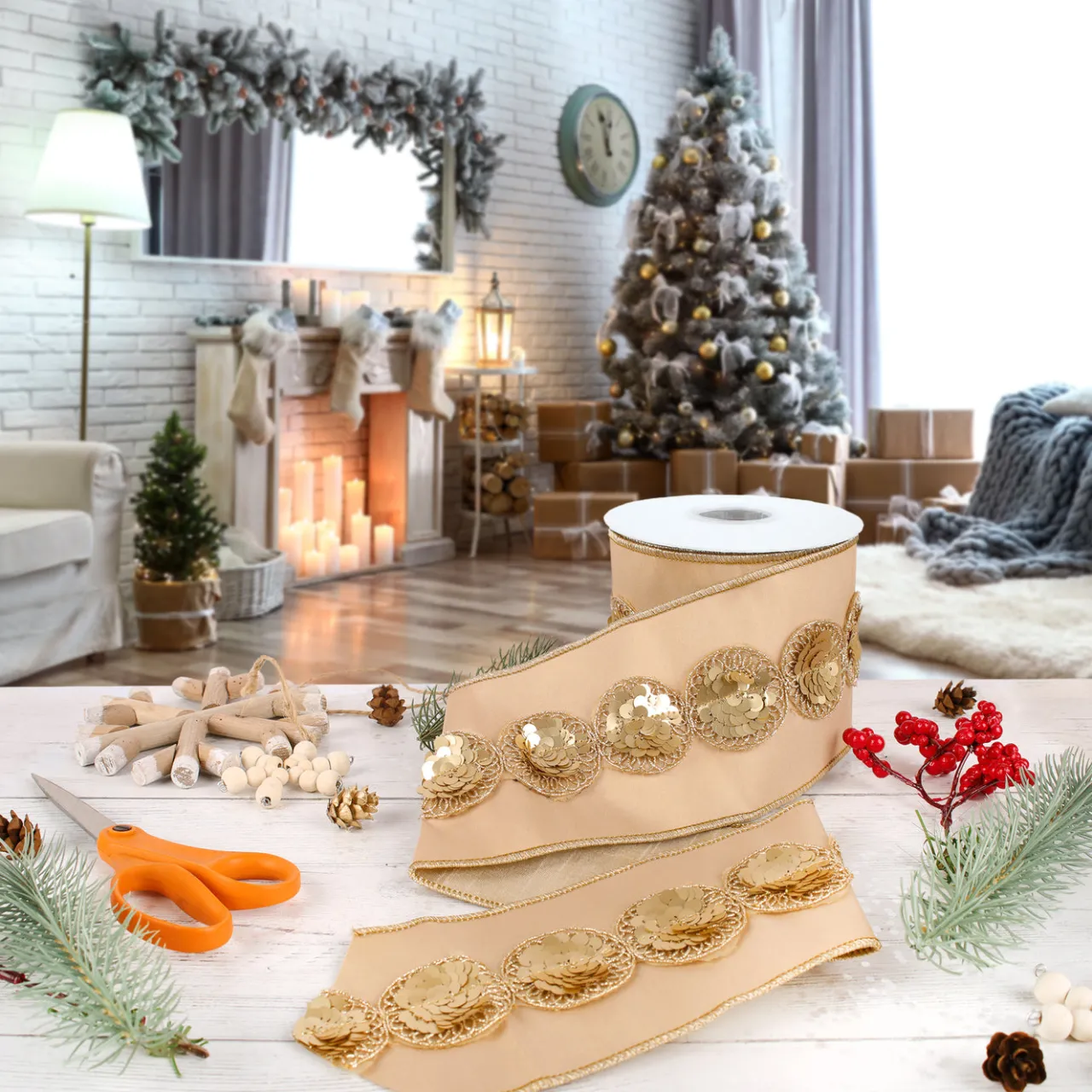 Clearance National Tree Company 4 in. HGTV Home Collection Sequin Beaded Taffeta Ribbon, Beige