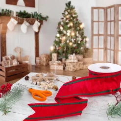 New National Tree Company 3 in. HGTV Home Collection Dupioni Double-Sided Ribbon, Red & Green