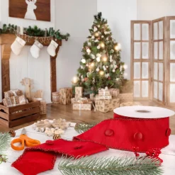 Sale National Tree Company 3 in. HGTV Home Collection Dupioni Button Ribbon, Red