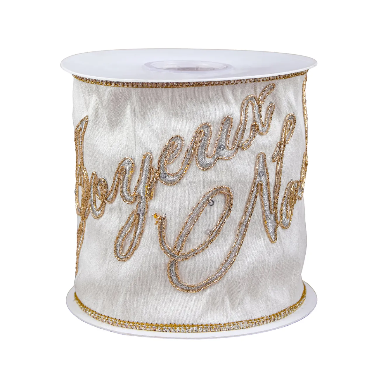 Clearance National Tree Company 4 in. HGTV Home Collection Dupioni Embroidered Joyuex Noel Ribbon