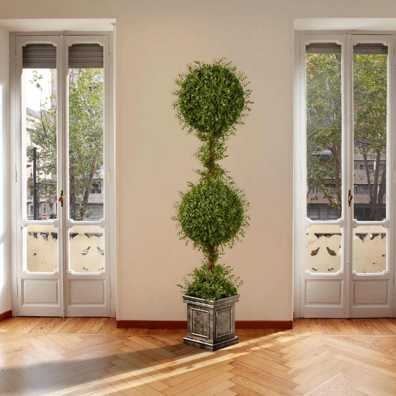 Discount National Tree Company 60 in. Mini Tea Leaf 2 Ball Topiary in a Silver Square Pot