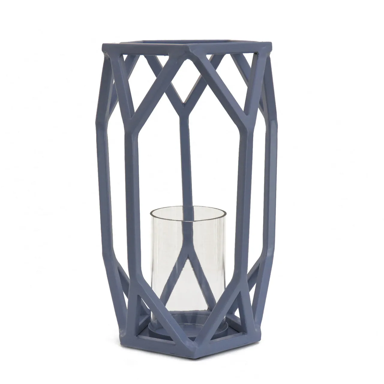 New National Tree Company 11 in. Modern Design and Finish Dusty Blue Outdoor Lantern Candleholder