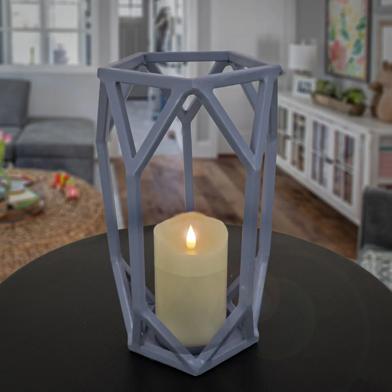 New National Tree Company 11 in. Modern Design and Finish Dusty Blue Outdoor Lantern Candleholder
