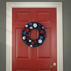 Sale National Tree Company 20 in. Patriotic Wreath Decoration with Red, White and Blue Flower Blooms, Blue Petals