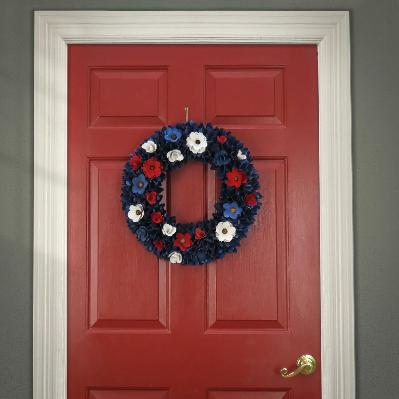 Sale National Tree Company 20 in. Patriotic Wreath Decoration with Red, White and Blue Flower Blooms, Blue Petals