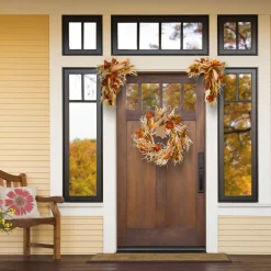 National Tree Company 24 in. 2-Piece Fall Door Corners with Corn Husks, Raffia Leaves, Berry Clusters