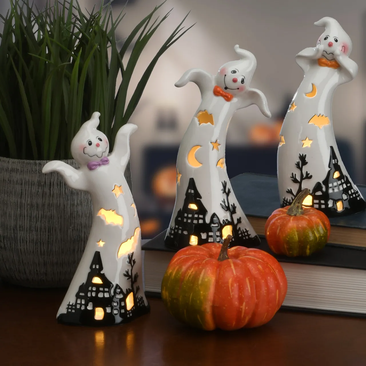 New National Tree Company 7 in. 3-Piece Halloween Three Dancing Ghosts Ceramic Decoration with LED Lights
