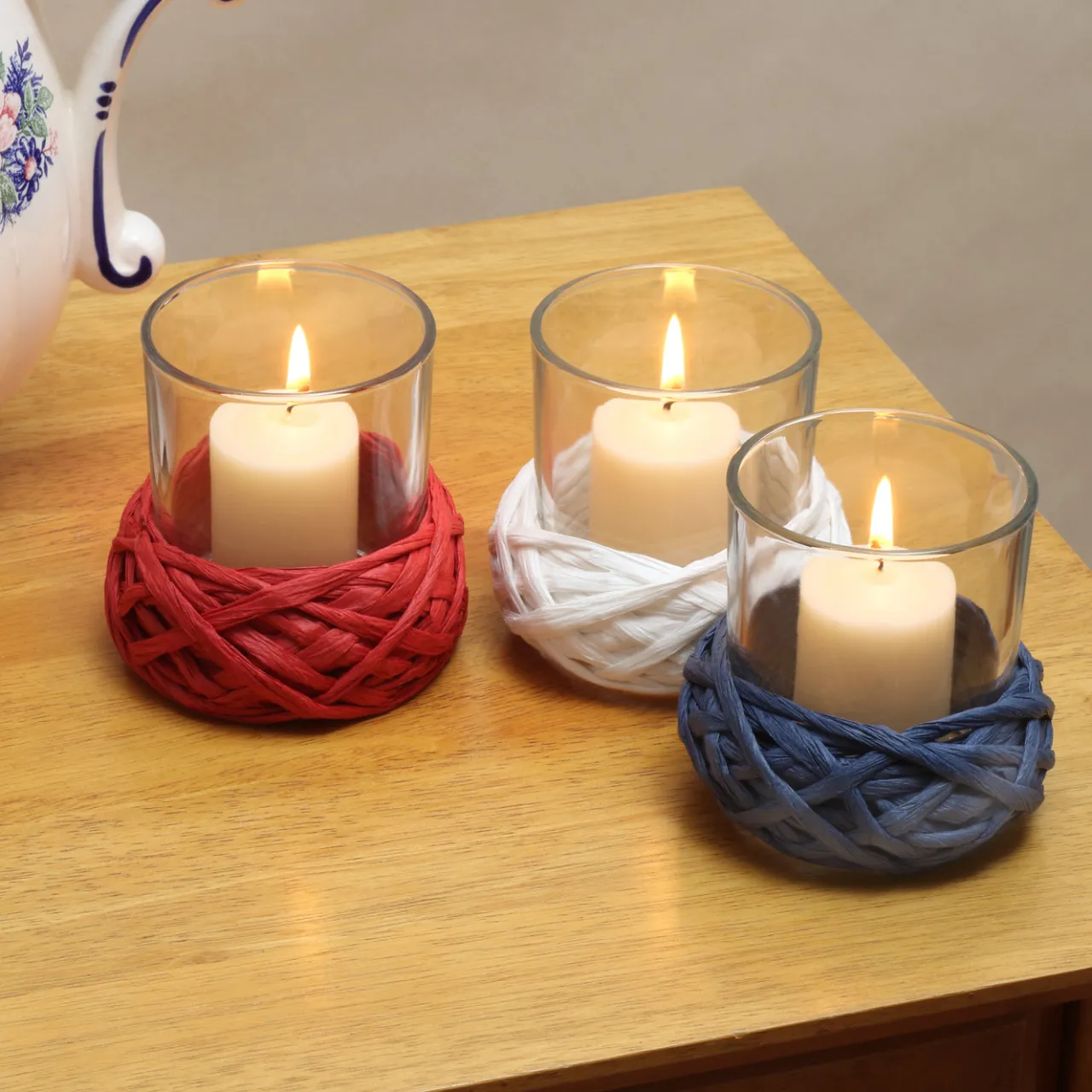 Online National Tree Company 3.5 in. 3-Piece Patriotic Candleholders Decorated with Red White and Blue Thread