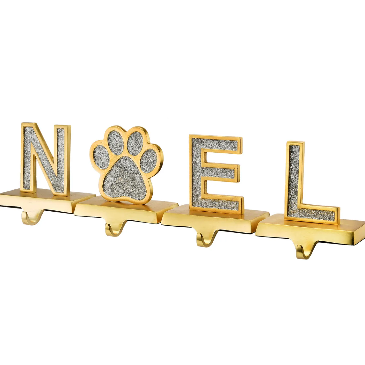 Best National Tree Company 5 in. 4-Piece Silver Sparkle NOEL Christmas Stocking Holders, Silver and Gold with Paw Print