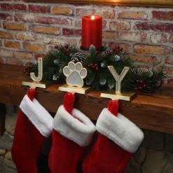New National Tree Company 5 in. 3-Piece Silver Sparkle JOY Christmas Stocking Holders, Silver and Gold with Paw Print