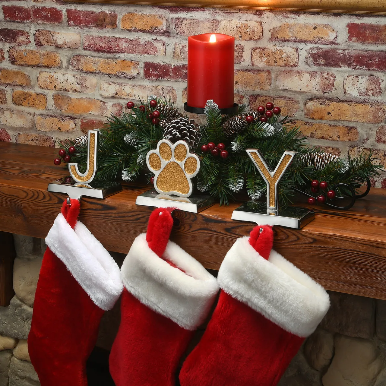 Outlet National Tree Company 5 in. 3-Pieces Gold Sparkle JOY Christmas Stocking Holders, Gold and Silver with Paw Print