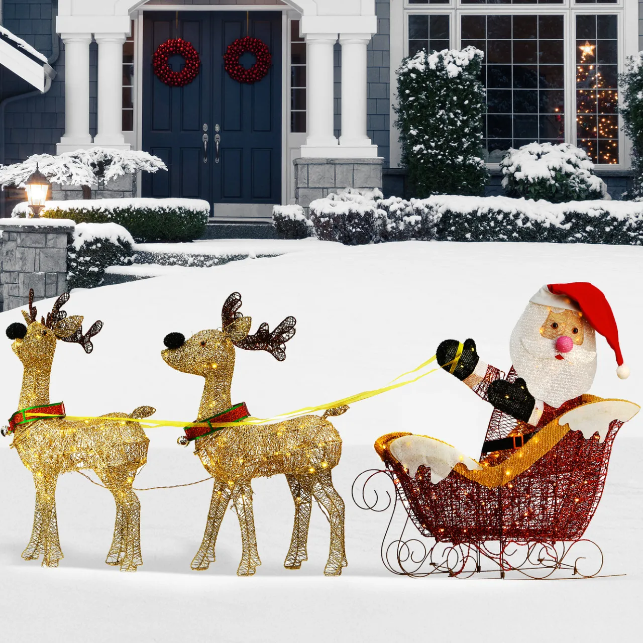 New National Tree Company 33 in. Pre Lit Santa and Reindeer Decoration, with Warm White LED Lights