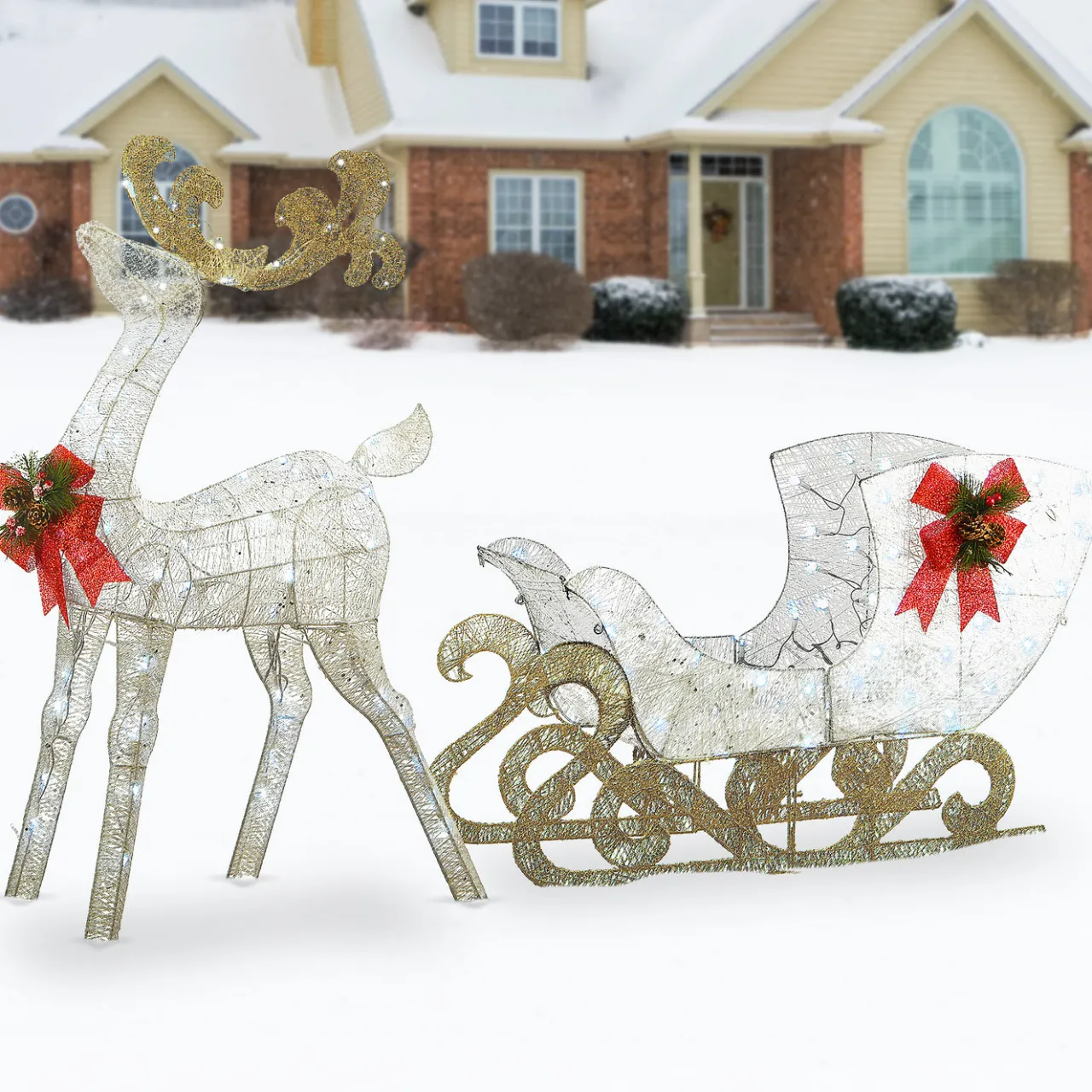 National Tree Company 48 in. Pre Lit Sisal Reindeer and Sleigh Decoration with Cool White LED Lights
