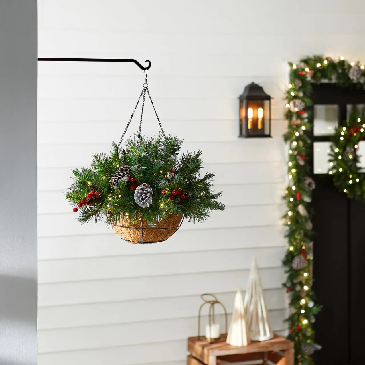 New National Tree Company 20 in. Pre-Lit Frosted Berry Hanging Basket with LED Lights