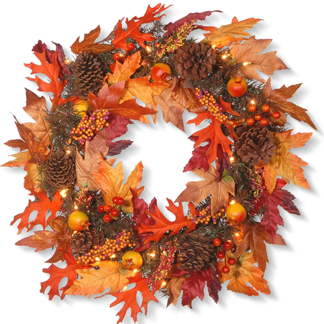 Outlet National Tree Company 24 in. Pre-Lit Fall Wreath with Gourds, Pinecones, Maple Leaves, Berry Clusters and Lights