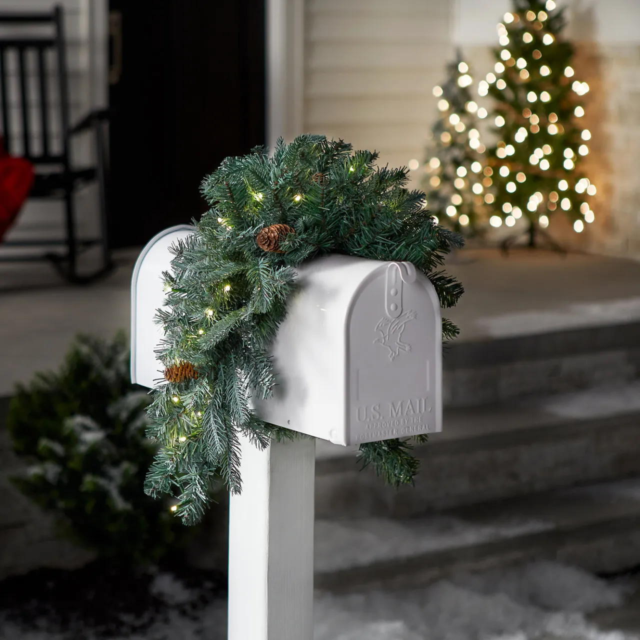 New National Tree Company 36 in. Pre-Lit Frosted Arctic Spruce Mailbox Swag with LED Lights