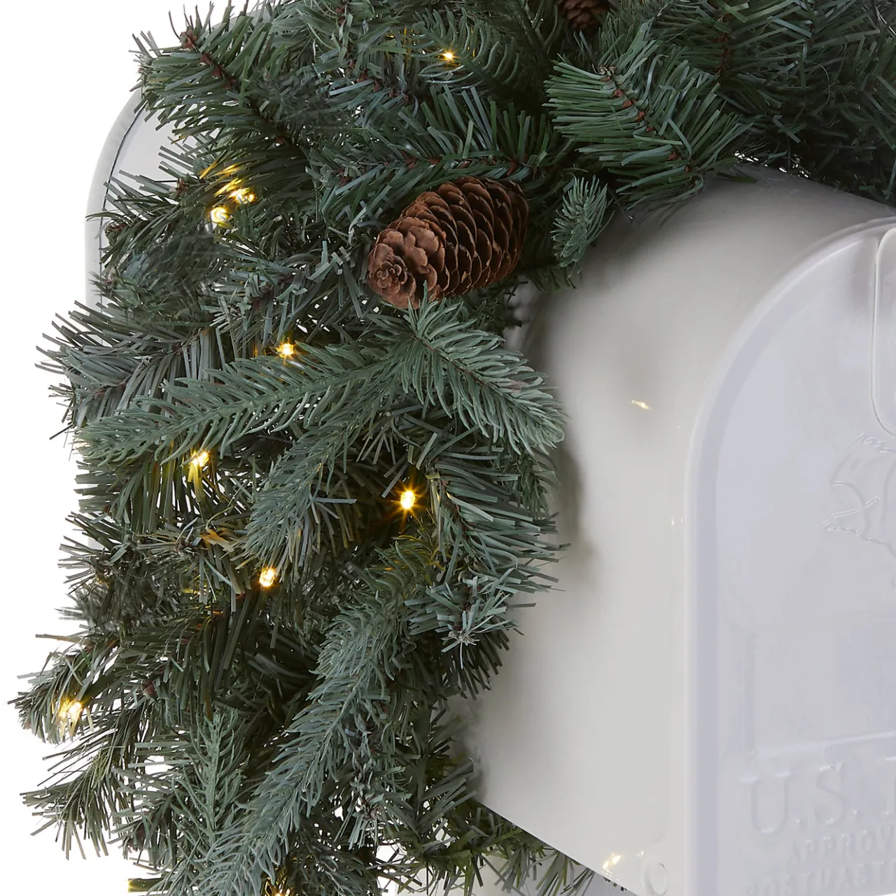 New National Tree Company 36 in. Pre-Lit Frosted Arctic Spruce Mailbox Swag with LED Lights