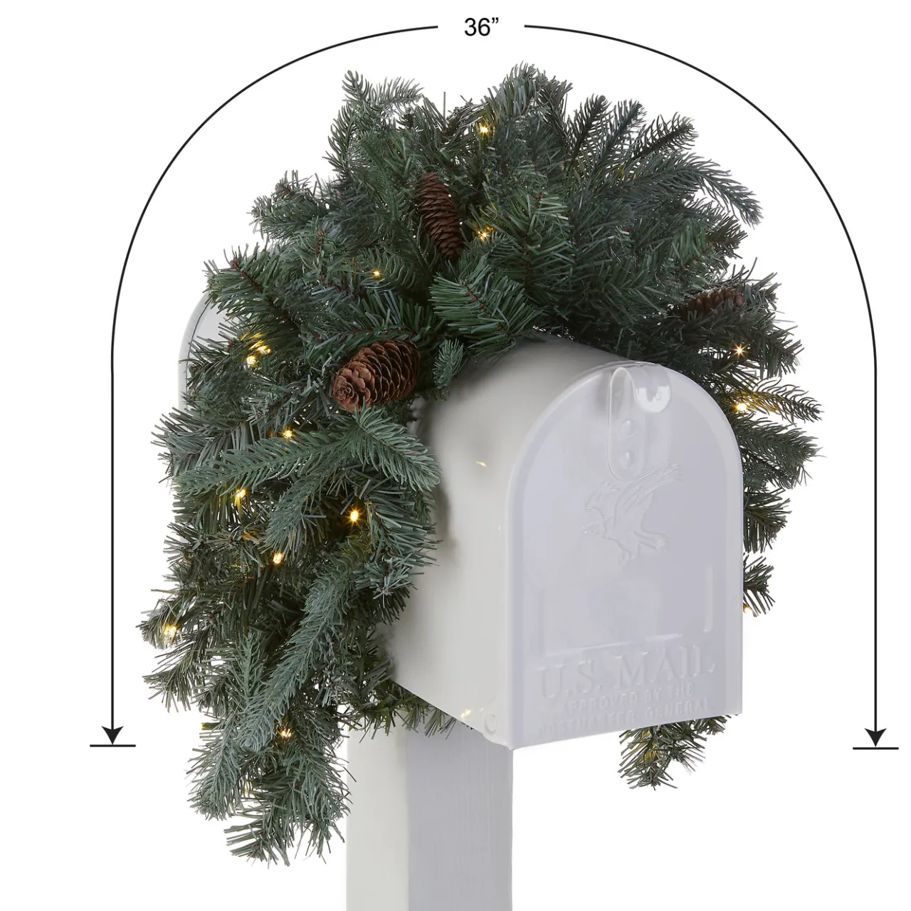 New National Tree Company 36 in. Pre-Lit Frosted Arctic Spruce Mailbox Swag with LED Lights